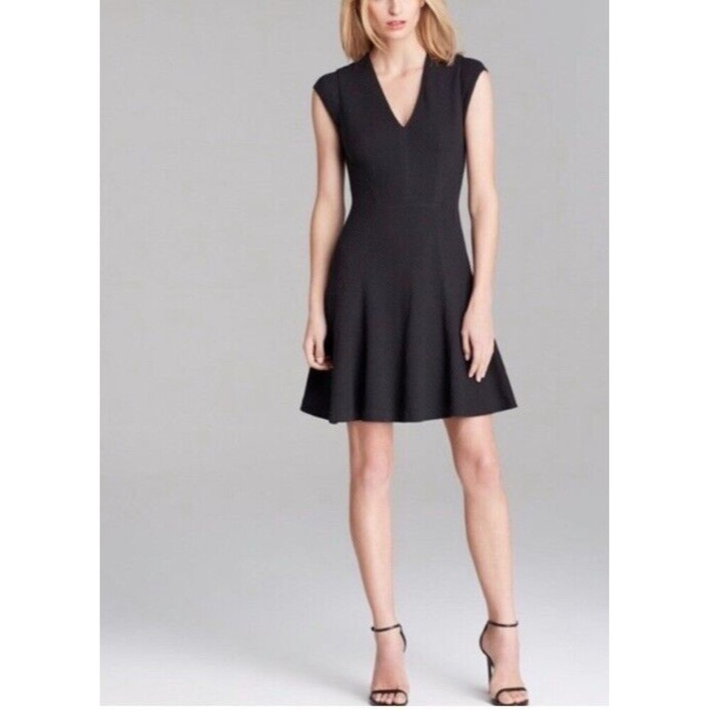 Rebecca Taylor Black Textured V Neck Cap Sleeve Fit And Flare Mini Dress…